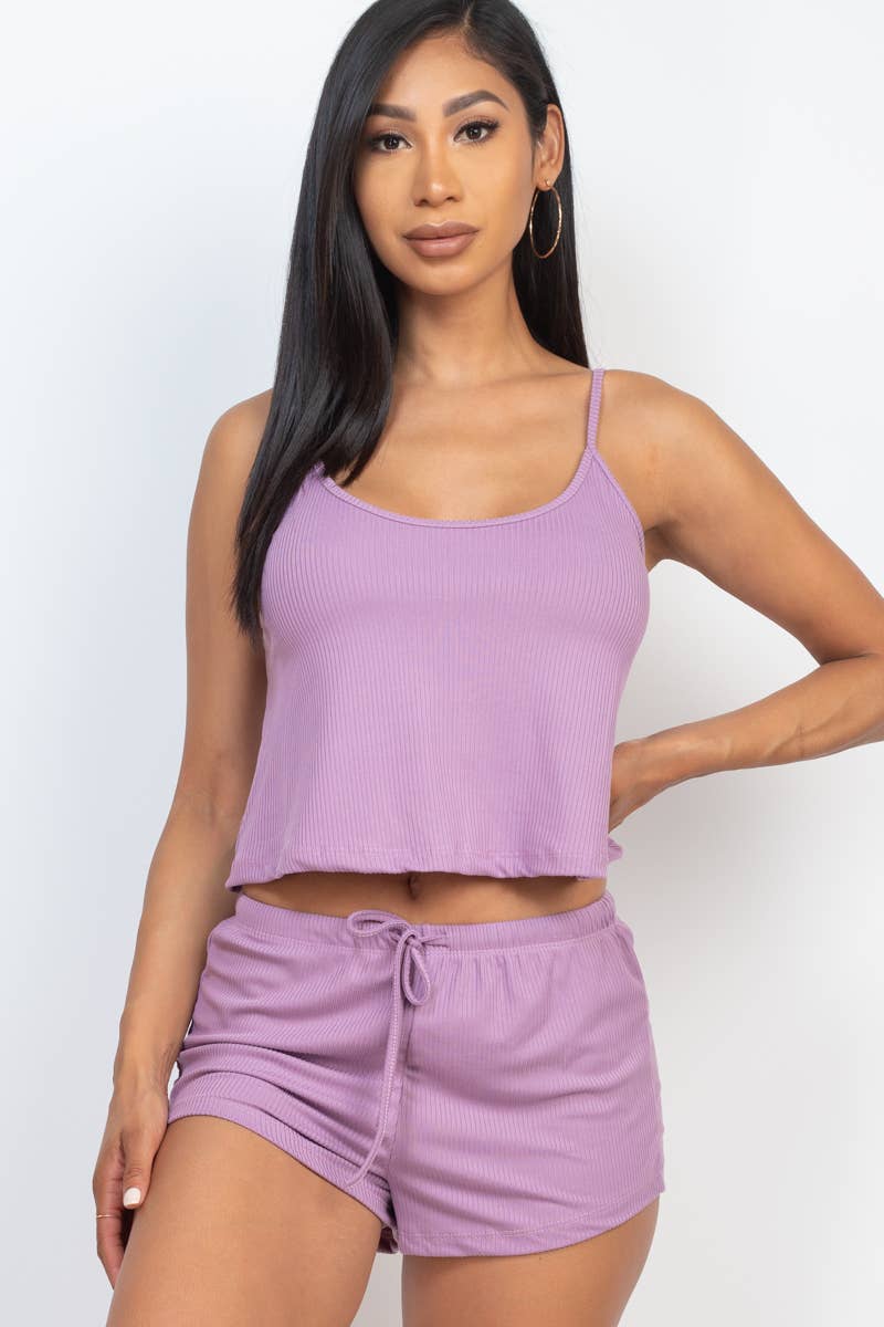 Ribbed Strappy Top & Shorts Lounge Set