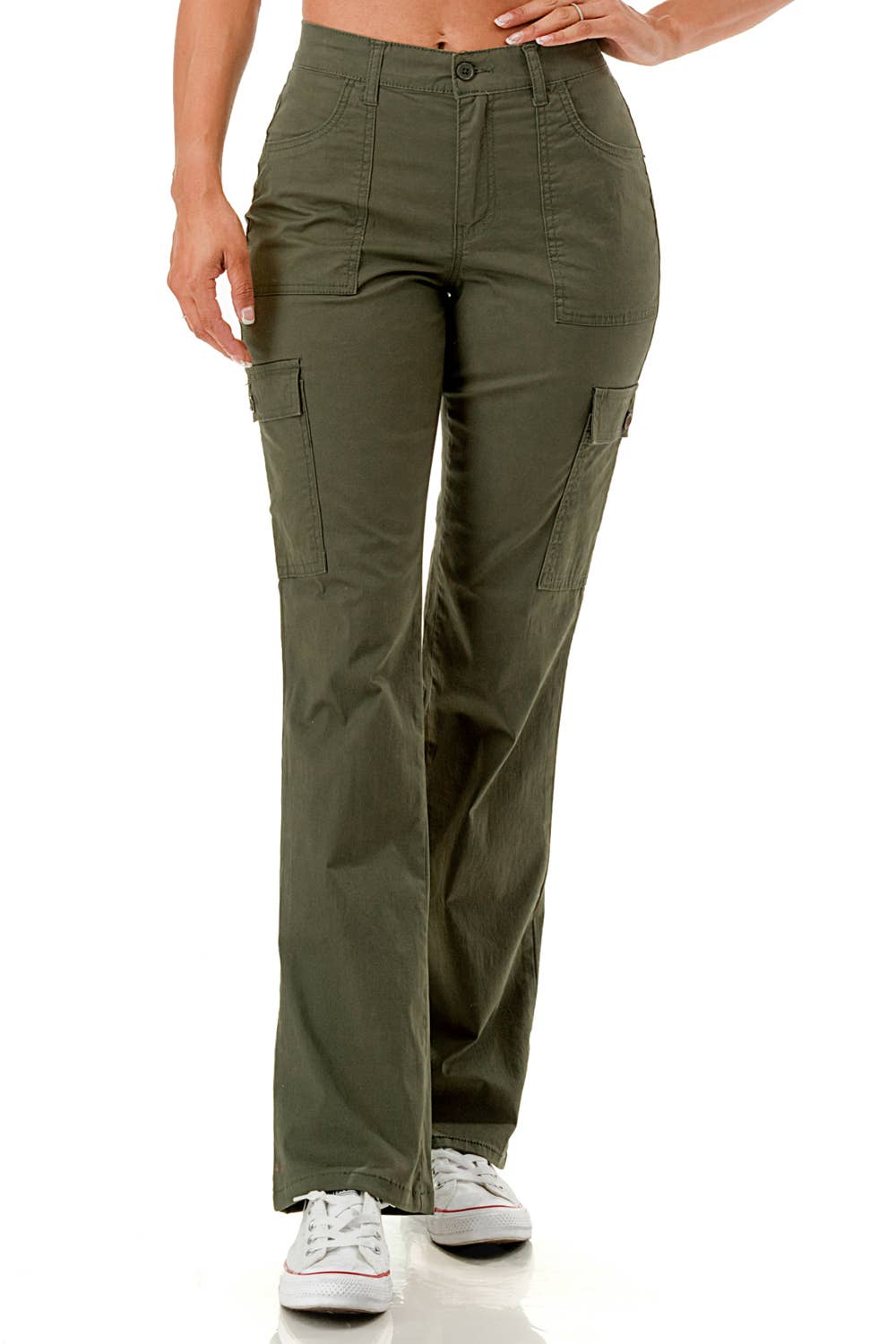 Solid color straight leg adjustable waist band cargo pants