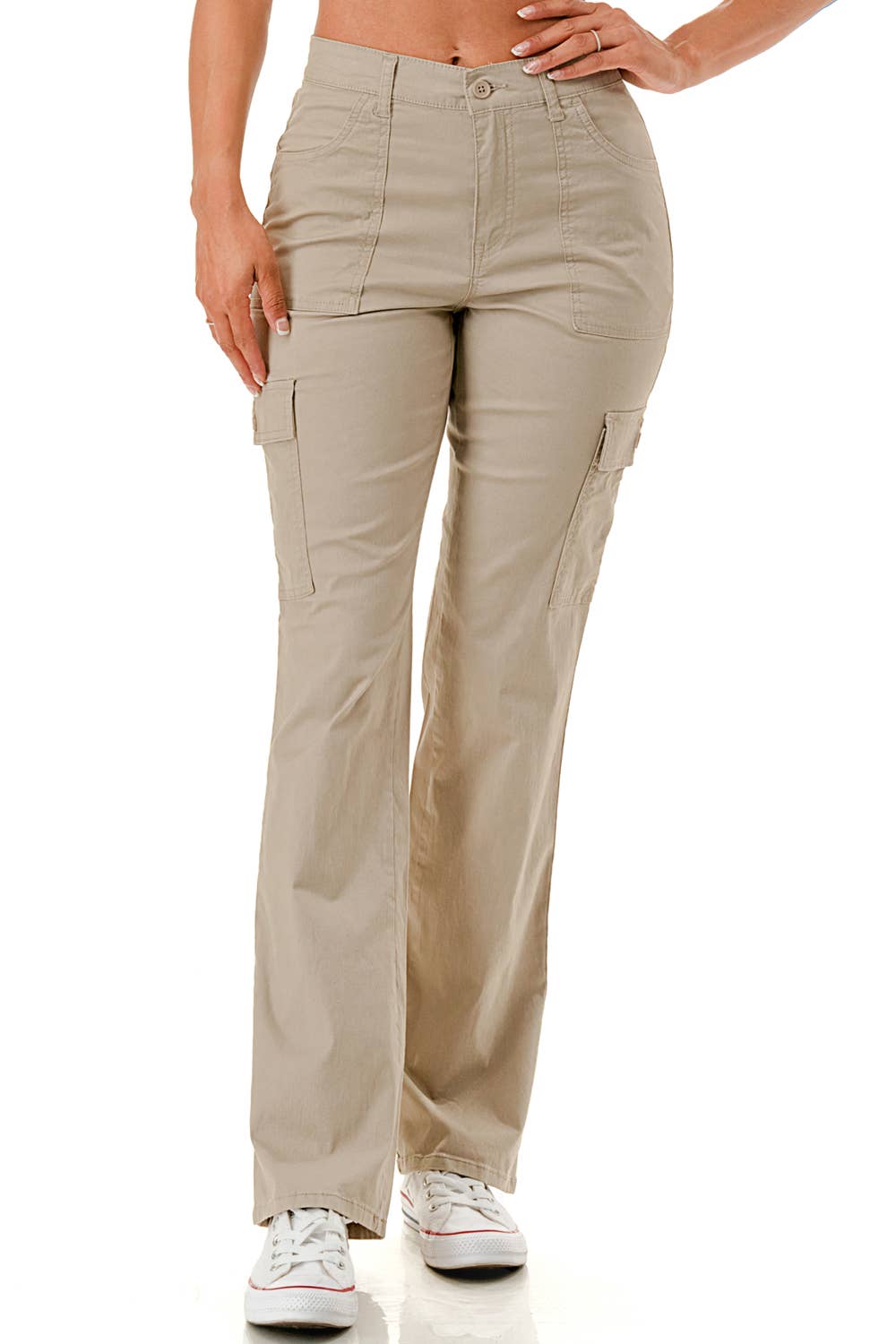 Solid color straight leg adjustable waist band cargo pants