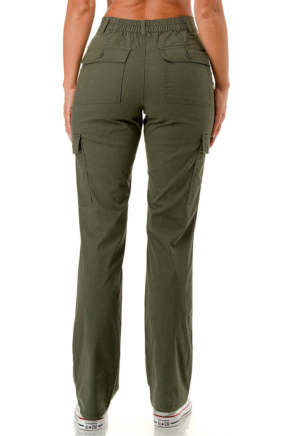 Solid color straight leg adjustable waist band cargo pants