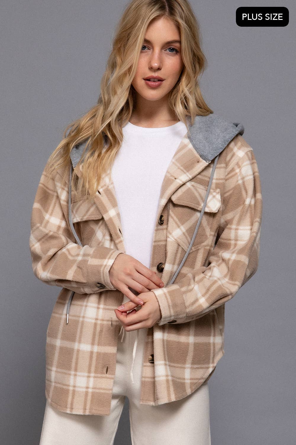 [PLUS SIZE] Long Slv Plaid Button Down Hoodie Fleece Jacket