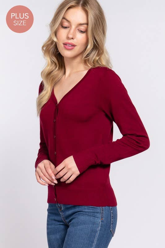 [PLUS SIZE] Long Sleeve V-neck Button Down Sweater Cardigan