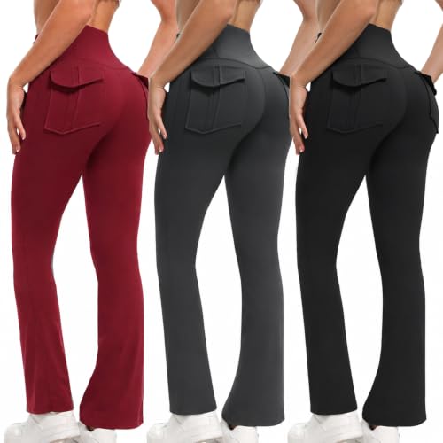 Women's Flare Leggings with Pockets High-Waisted Yoga Pants 3-Pack