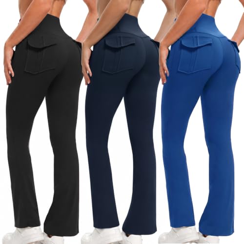 Women's Flare Leggings with Pockets High-Waisted Yoga Pants 3-Pack