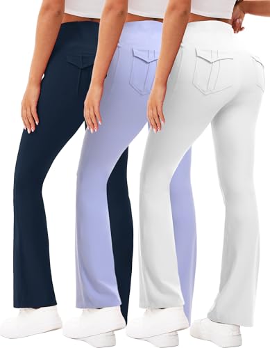 Women's Flare Leggings with Pockets High-Waisted Yoga Pants 3-Pack
