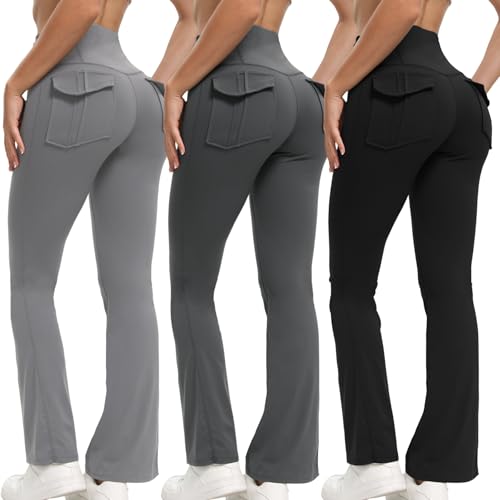 Women's Flare Leggings with Pockets High-Waisted Yoga Pants 3-Pack