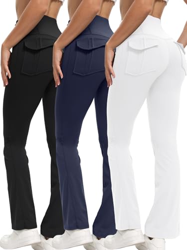 Women's Flare Leggings with Pockets High-Waisted Yoga Pants 3-Pack