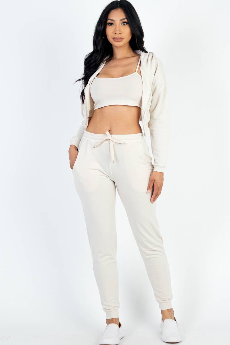 French Terry Cropped Cami with Zip-up Jacket and Joggers Set