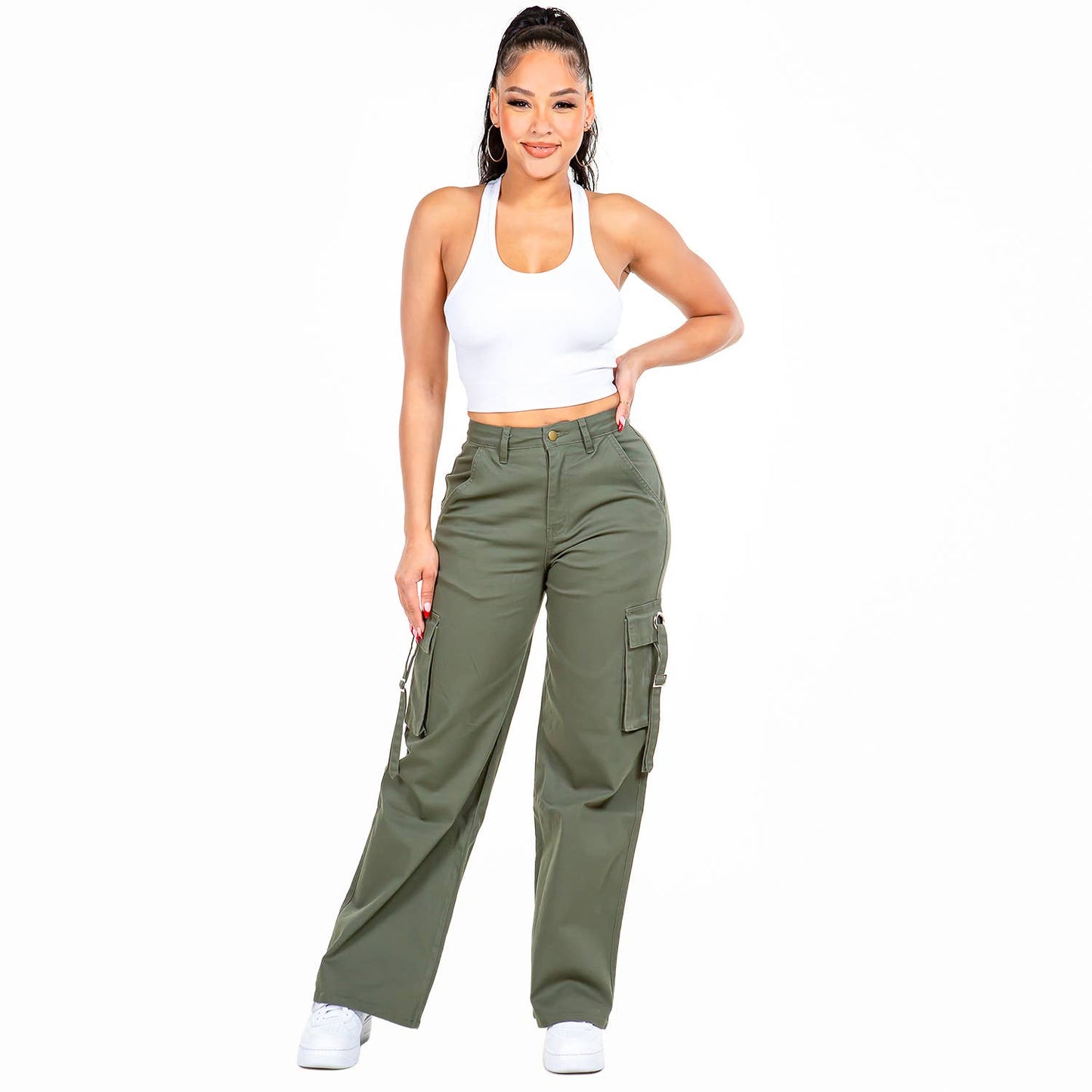 PLUS SIZE WIDE LEG CARGO POCKET PANTS-RJH20697P