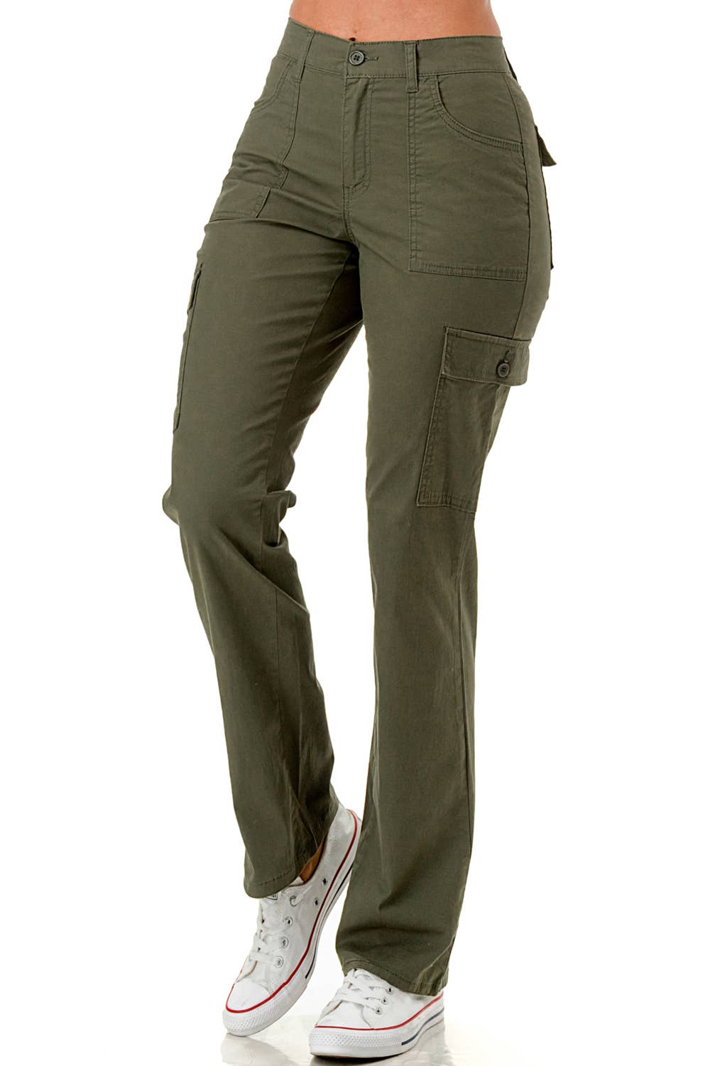 Solid color straight leg adjustable waist band cargo pants