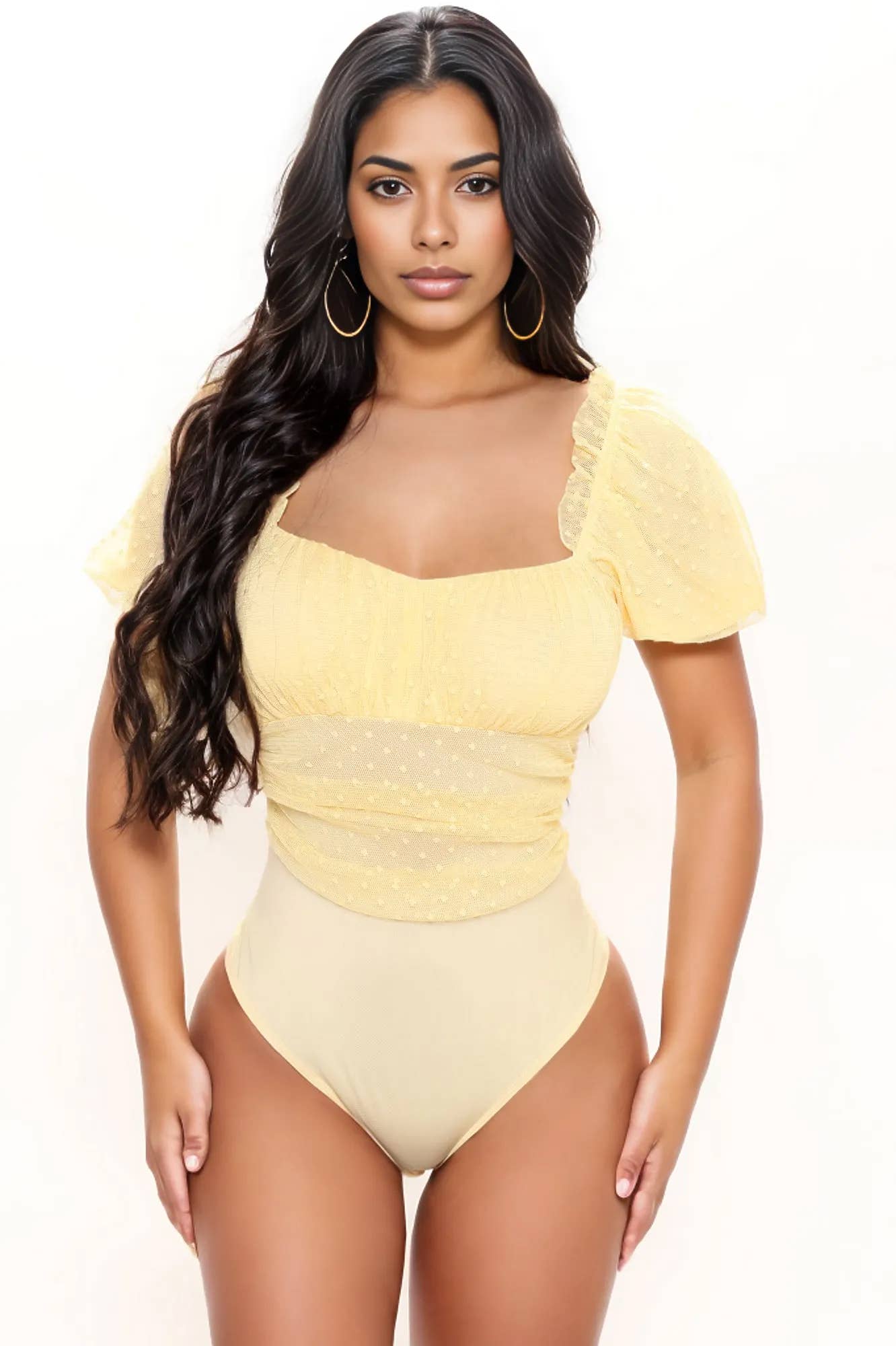 DOT MESH PUFF SLEEVE BODYSUITS