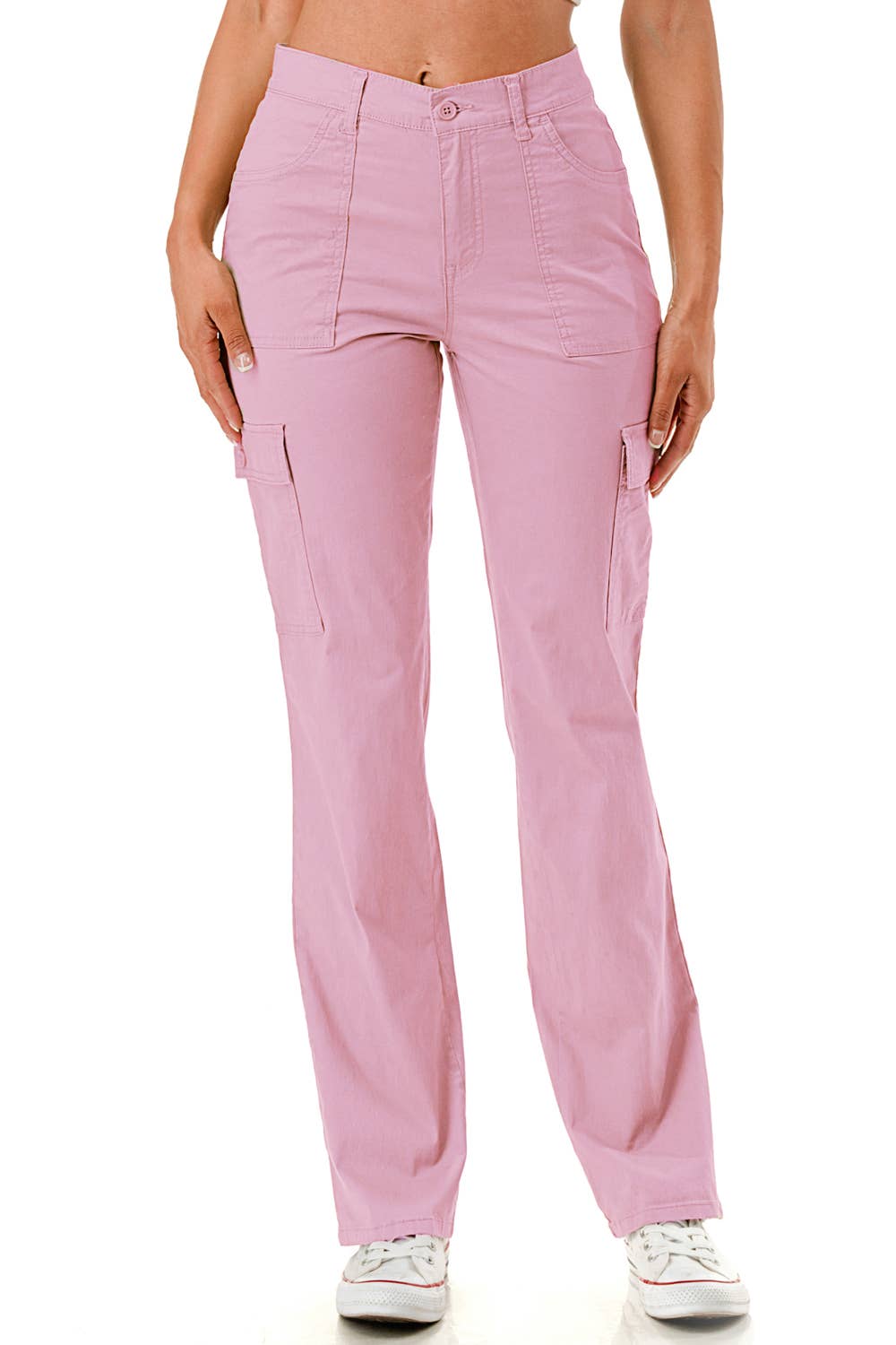 Solid color straight leg adjustable waist band cargo pants