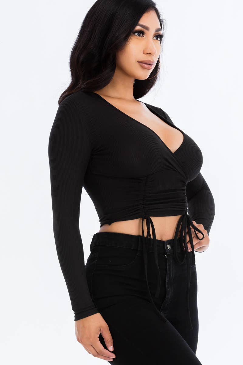 Solid Ribbed Drawstring Ruched Long Sleeve Crop Top T shirt