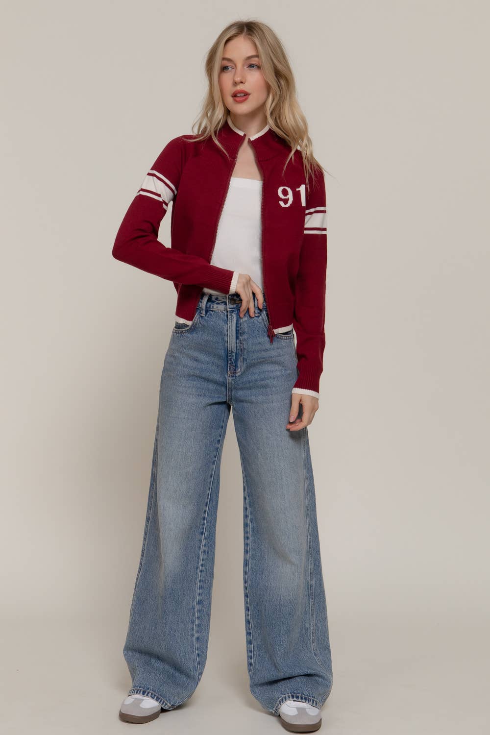 Long Sleeve High Neck with Line Detail Zip-Up Sweater Jacket