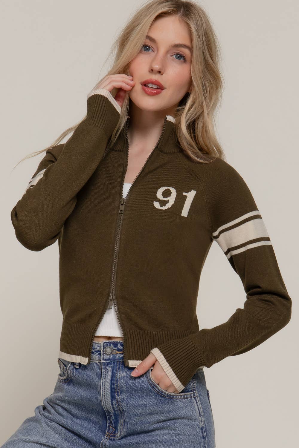 Long Sleeve High Neck with Line Detail Zip-Up Sweater Jacket