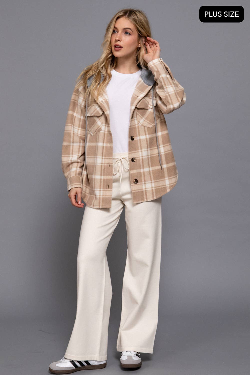 [PLUS SIZE] Long Slv Plaid Button Down Hoodie Fleece Jacket