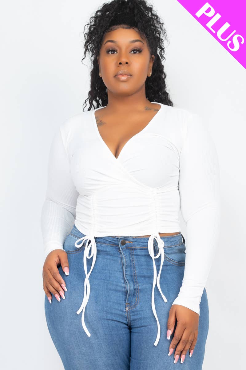 Plus Size Ribbed Drawstring Ruched Long Sleeve Crop Top