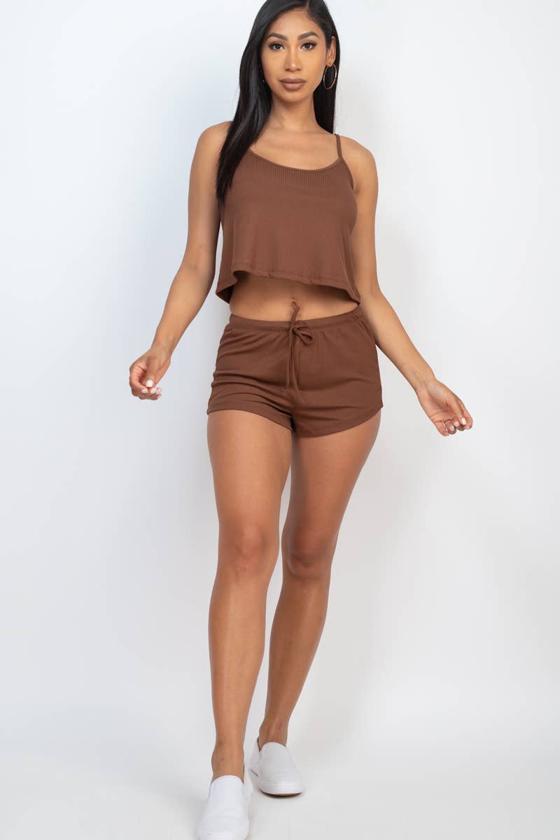 Ribbed Strappy Top & Shorts Lounge Set