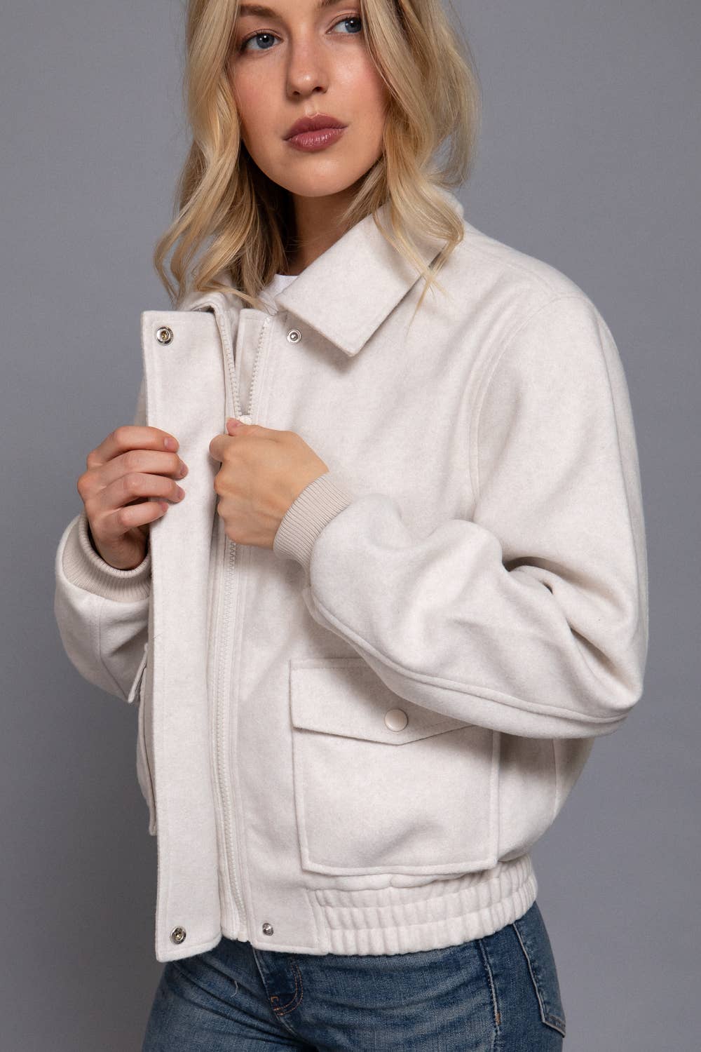 Long Sleeve Lapel Collar Soft Felt Bomber Jacket