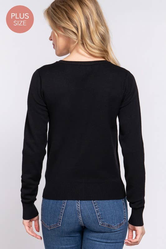 [PLUS SIZE] Long Sleeve V-neck Button Down Sweater Cardigan