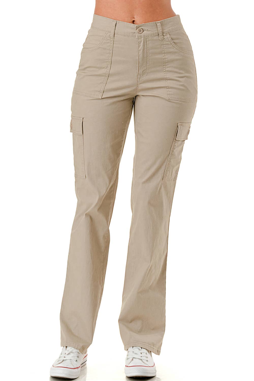Solid color straight leg adjustable waist band cargo pants