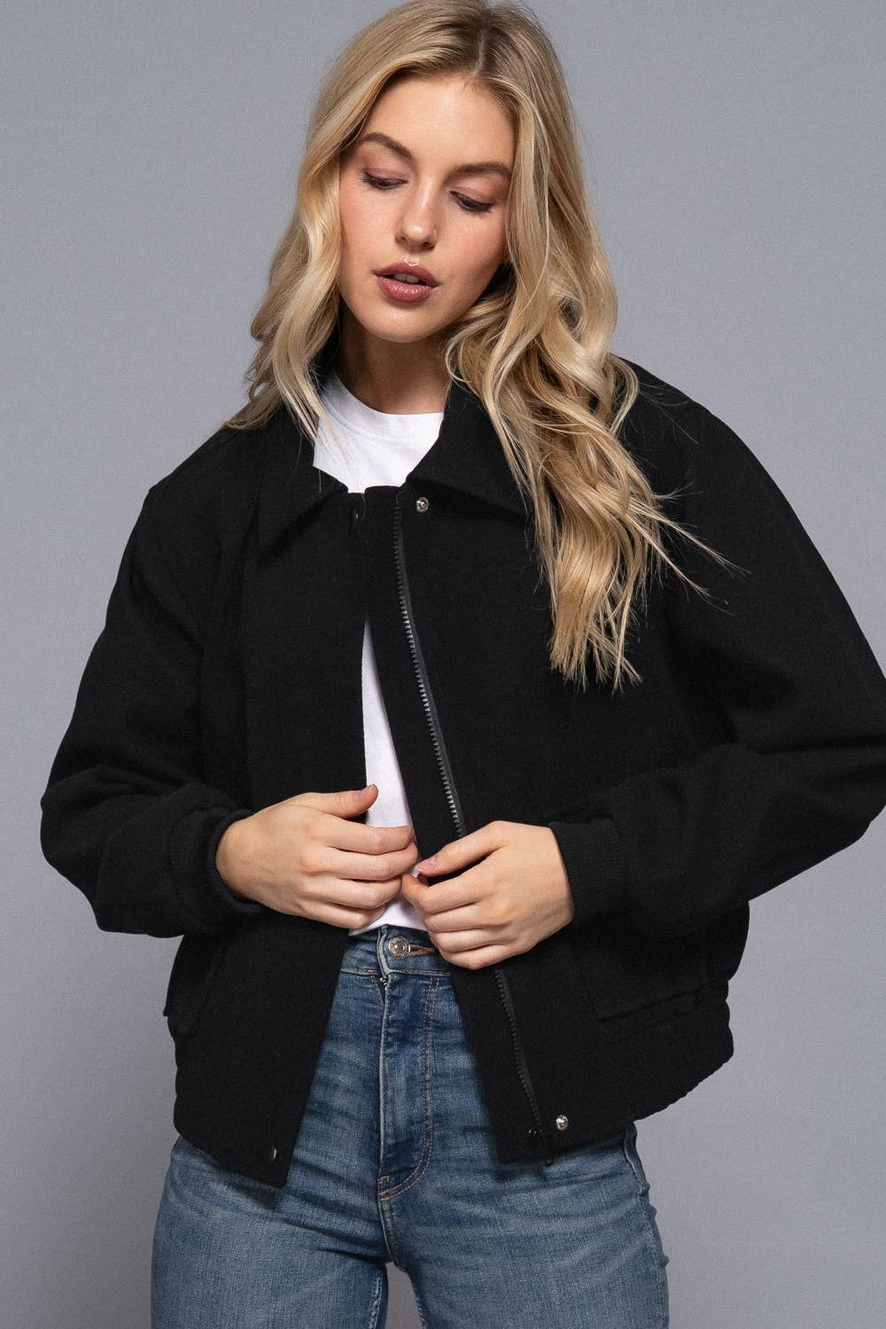 Long Sleeve Lapel Collar Soft Felt Bomber Jacket