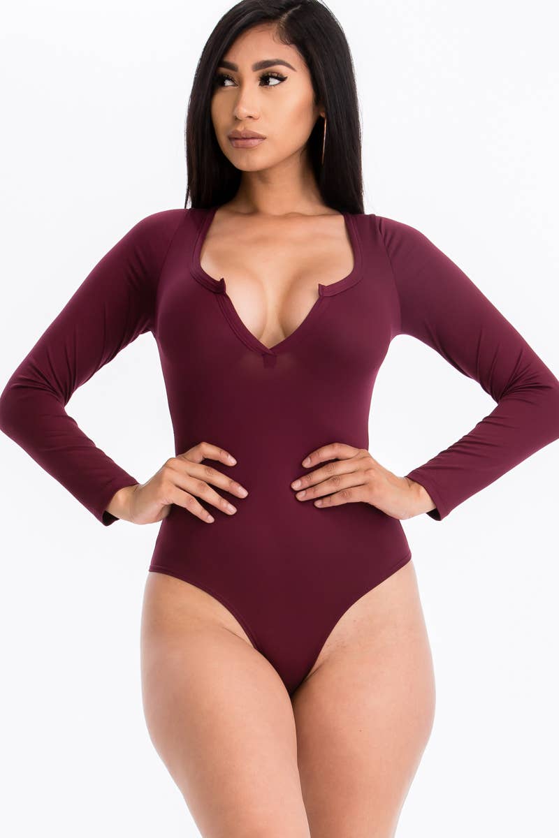 Split Neck Solid Bodysuit