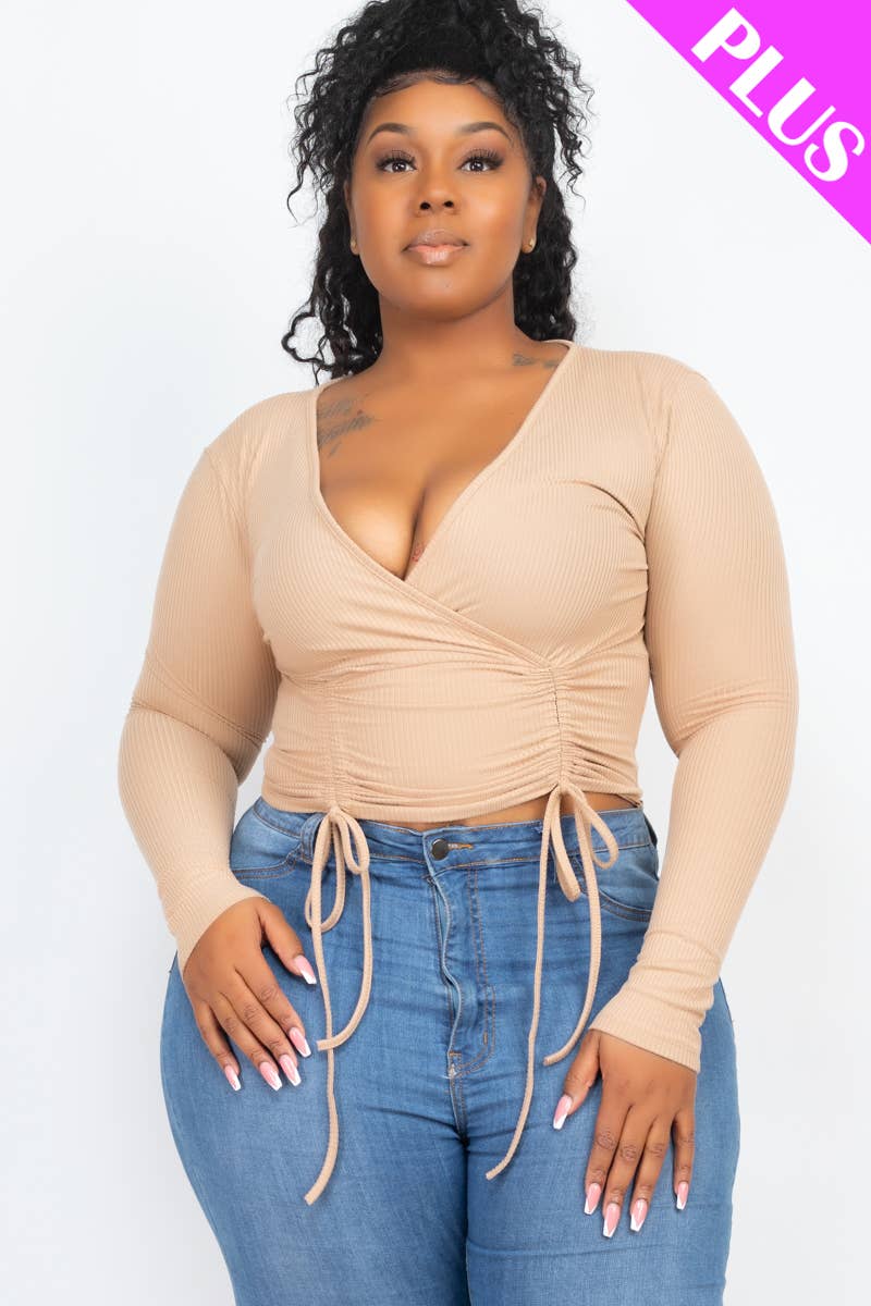 Plus Size Ribbed Drawstring Ruched Long Sleeve Crop Top