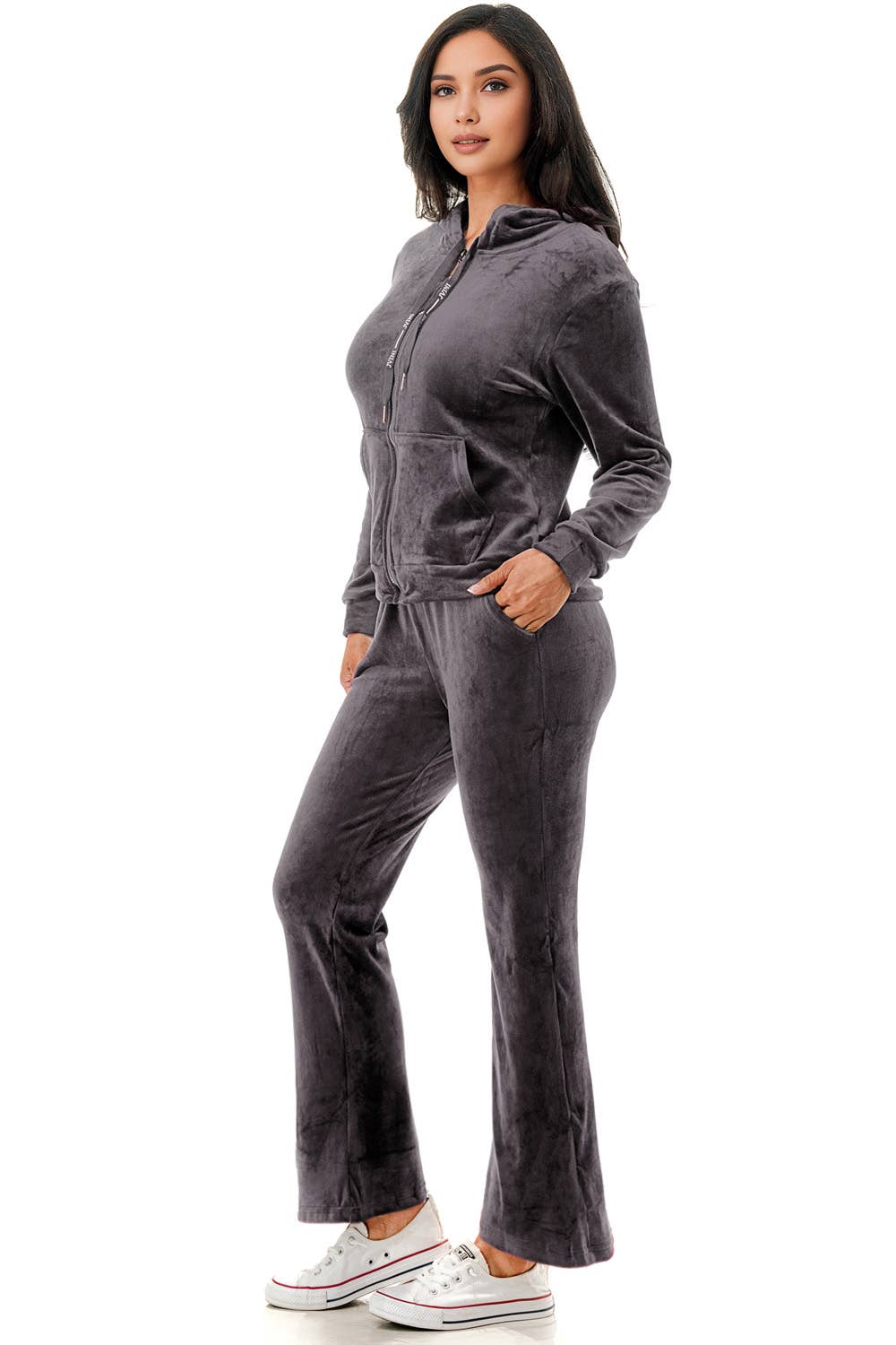 Solid color fleece lined velvet jacket and flare pants set