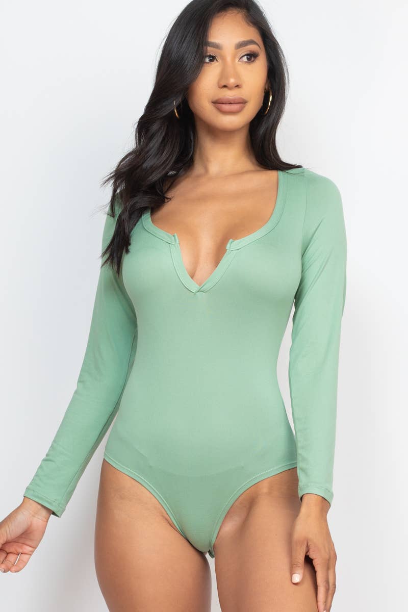 Split Neck Solid Bodysuit