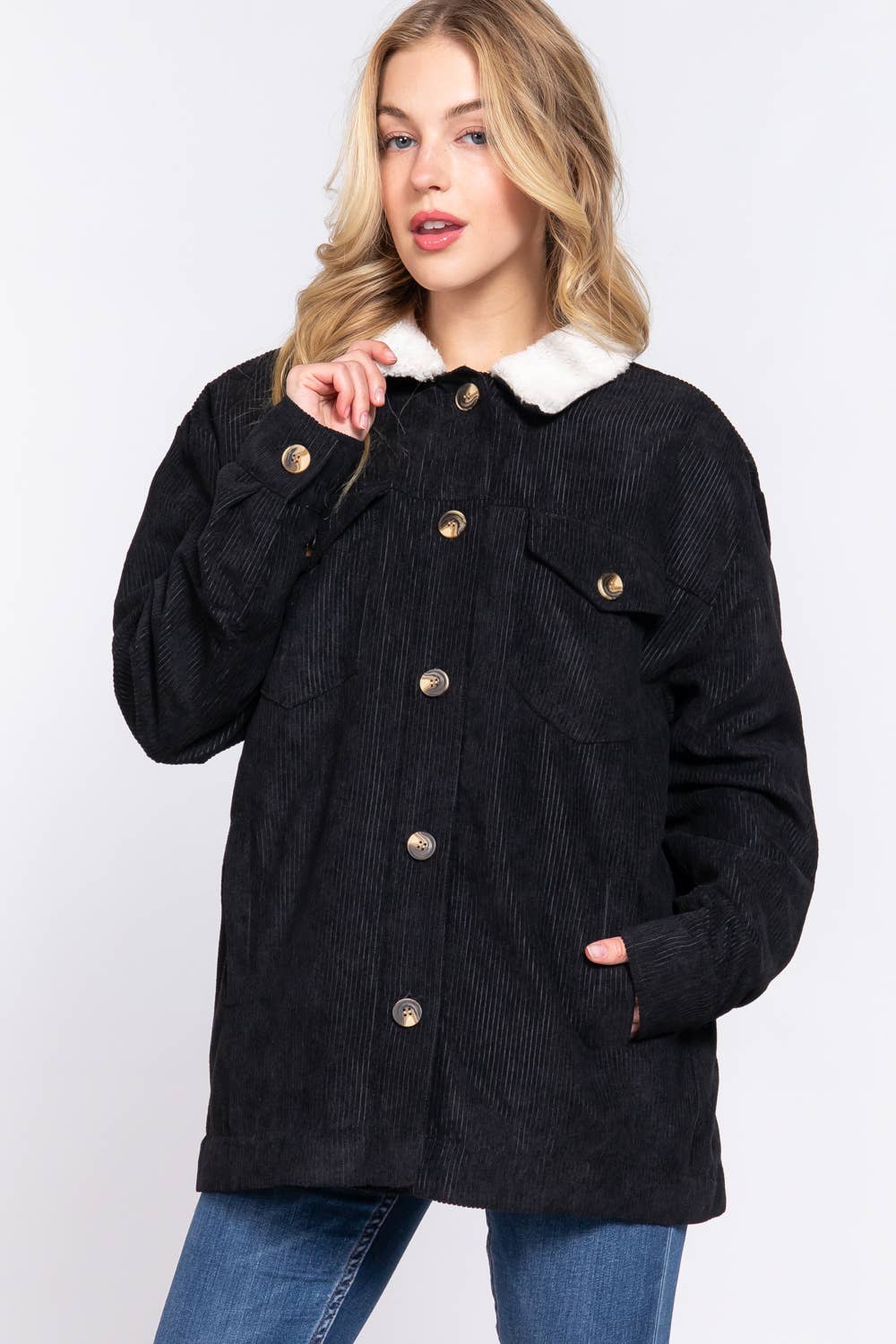 Long Sleeve Inside Faux Fur with Pocket Corduroy Jacket