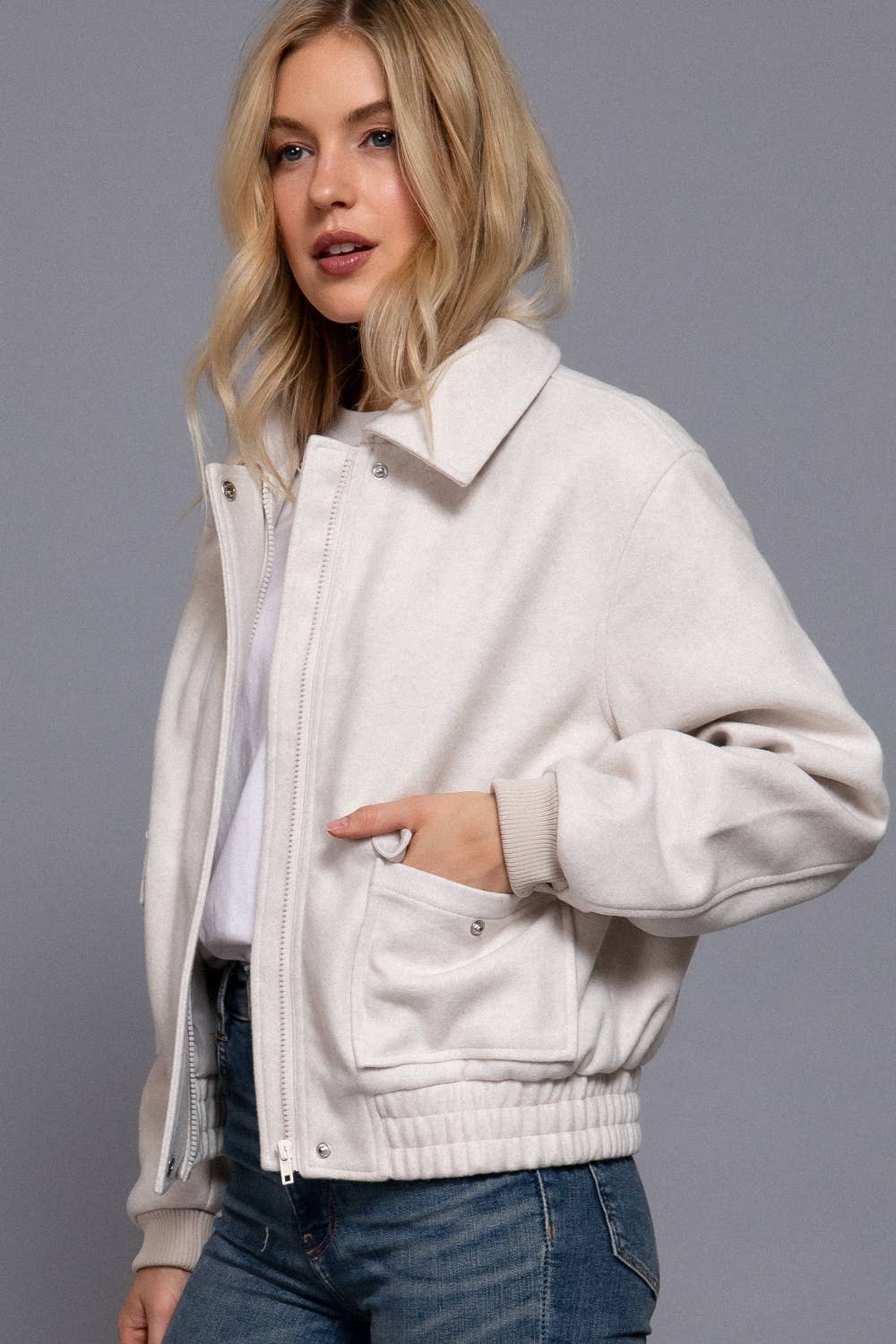 Long Sleeve Lapel Collar Soft Felt Bomber Jacket