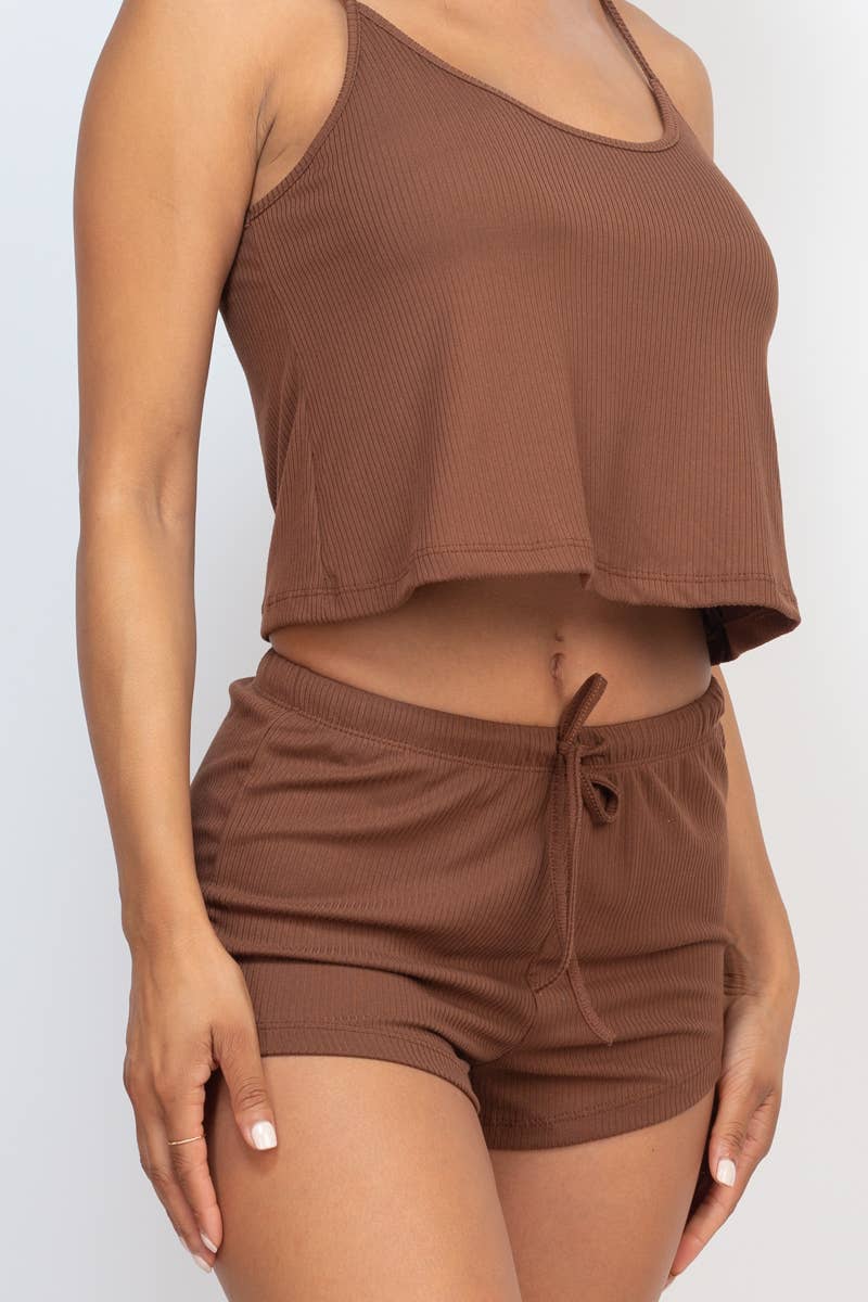 Ribbed Strappy Top & Shorts Lounge Set