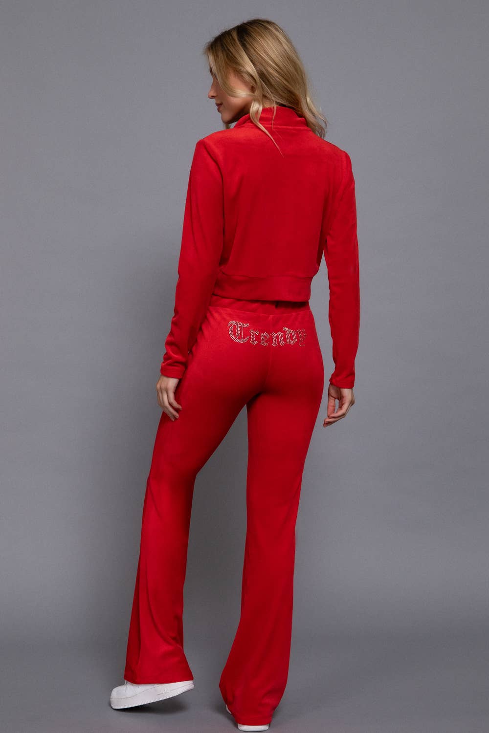 Mock Neck Zip Up Jacket & Rhinestone Flare Pants Velour Set