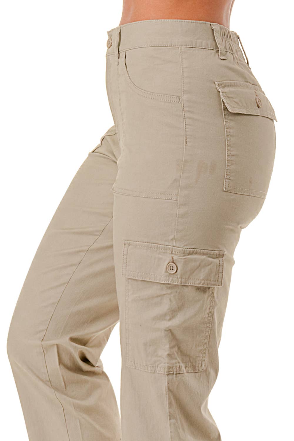 Solid color straight leg adjustable waist band cargo pants