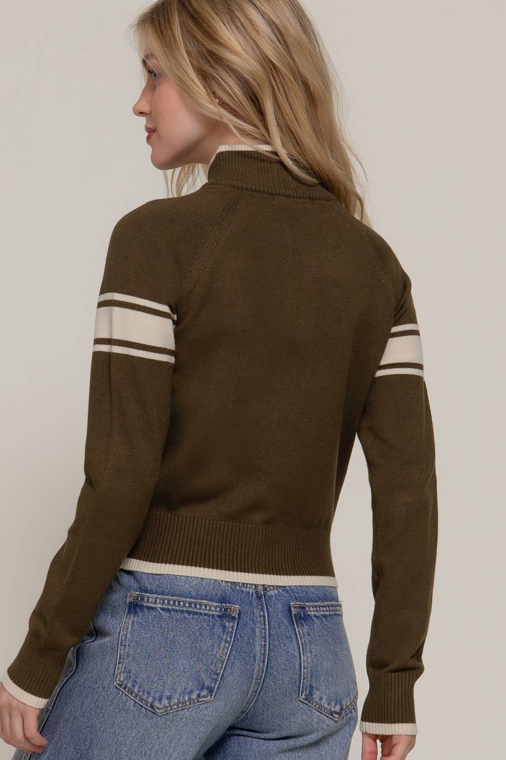Long Sleeve High Neck with Line Detail Zip-Up Sweater Jacket