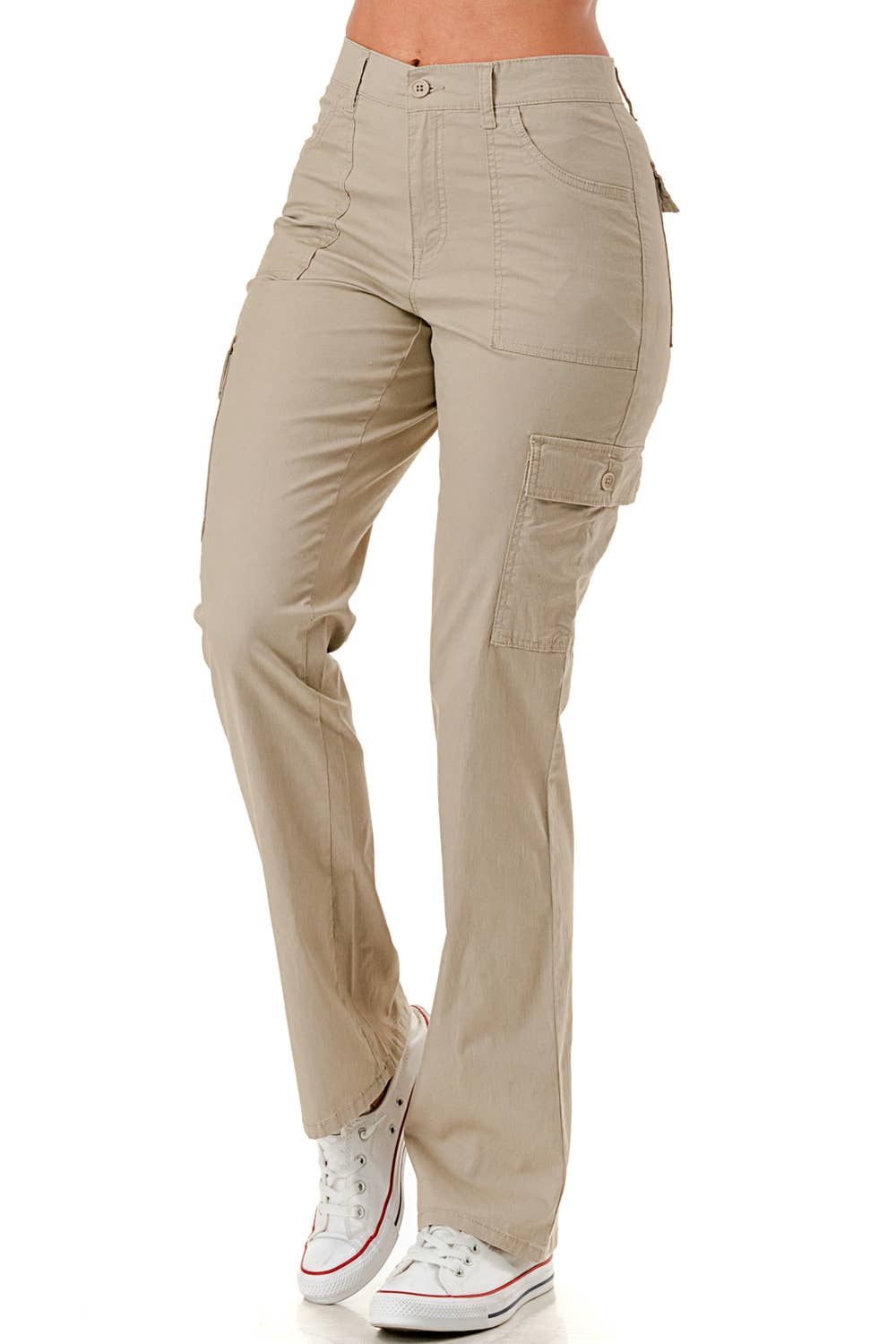 Color woven straight leg adjustable waist band cargo pants