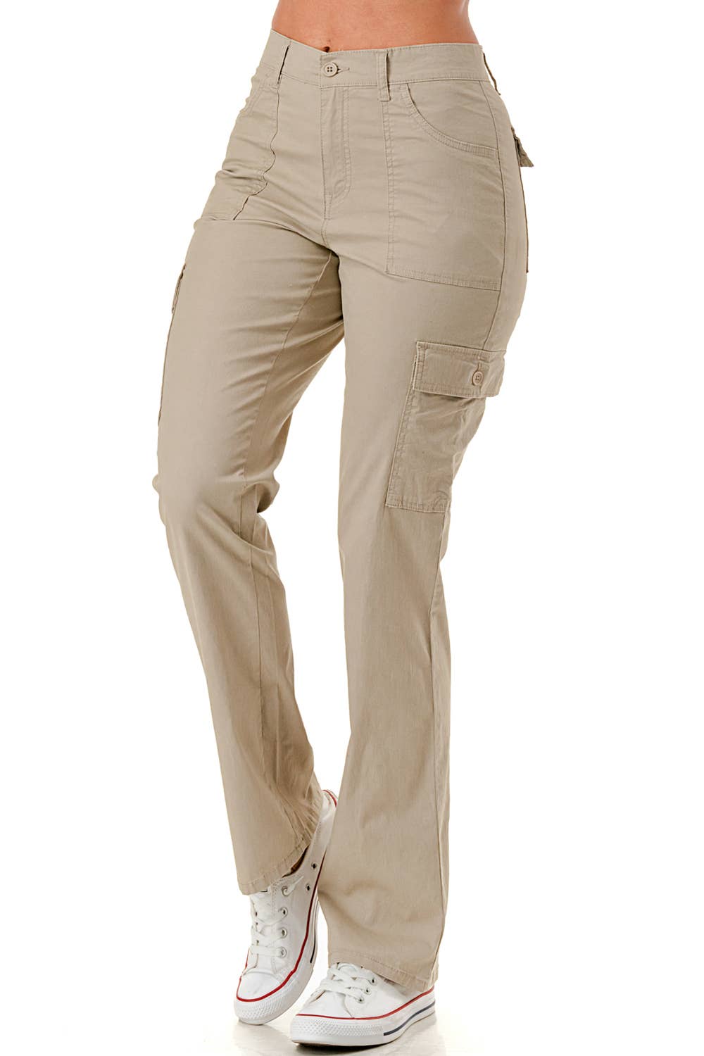 Solid color straight leg adjustable waist band cargo pants