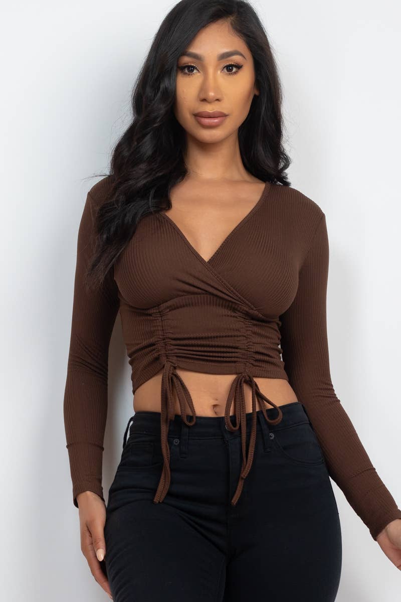 Solid Ribbed Drawstring Ruched Long Sleeve Crop Top T shirt