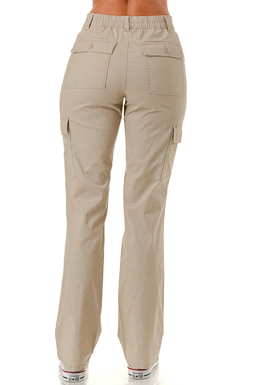 Solid color straight leg adjustable waist band cargo pants