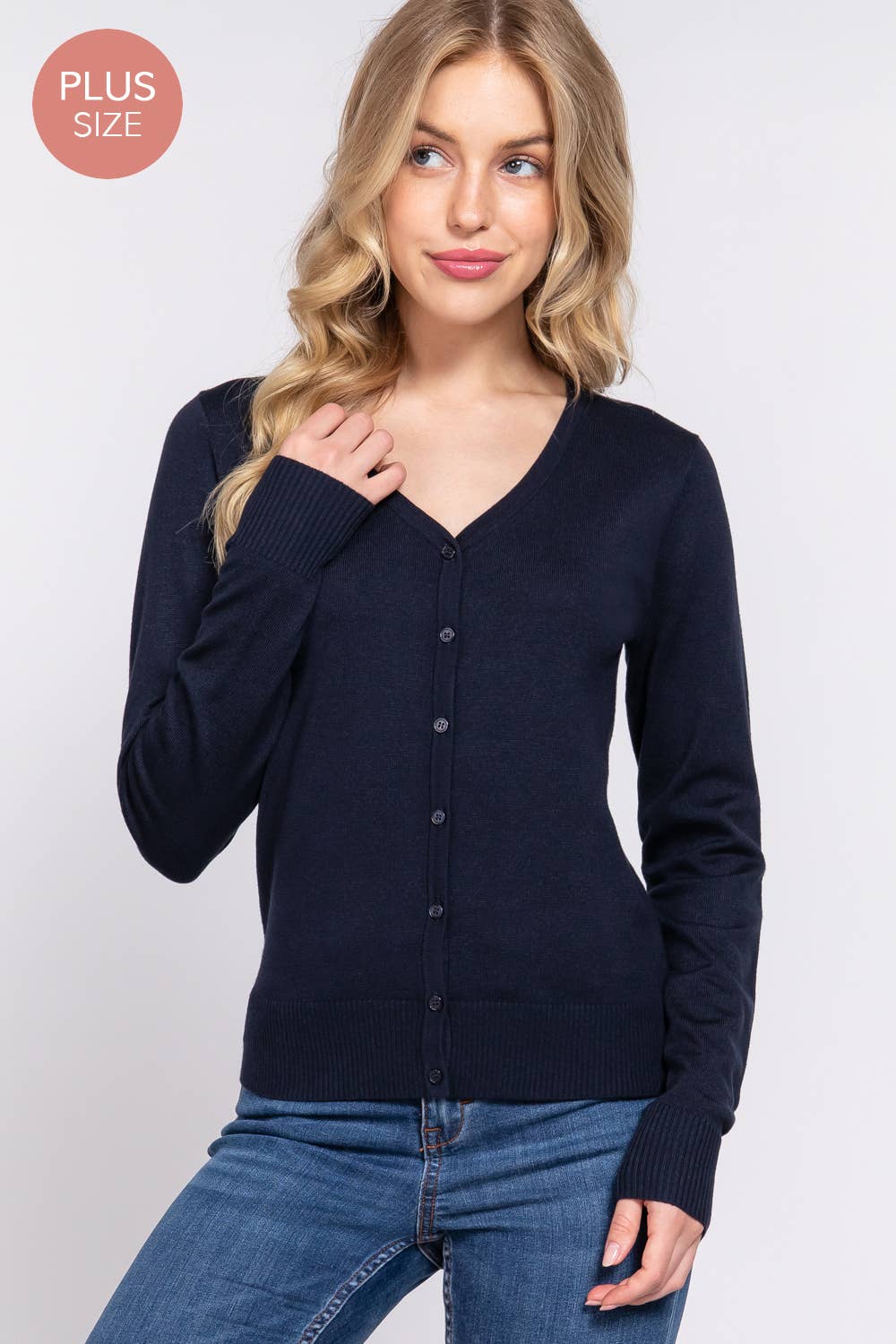 [PLUS SIZE] Long Sleeve V-neck Button Down Sweater Cardigan