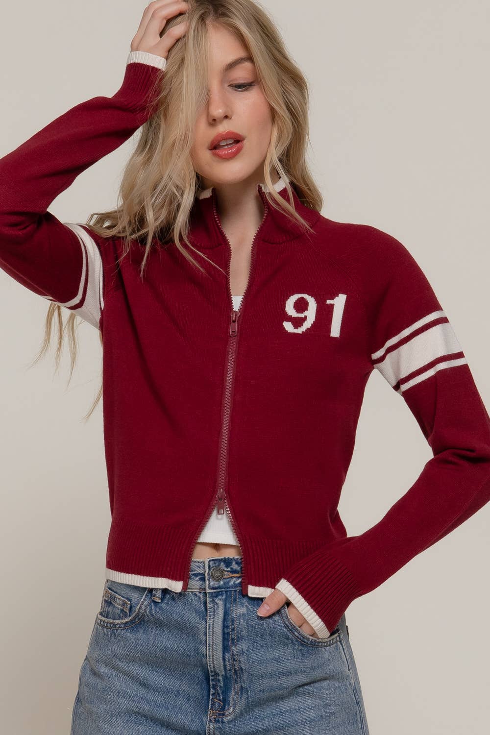 Long Sleeve High Neck with Line Detail Zip-Up Sweater Jacket