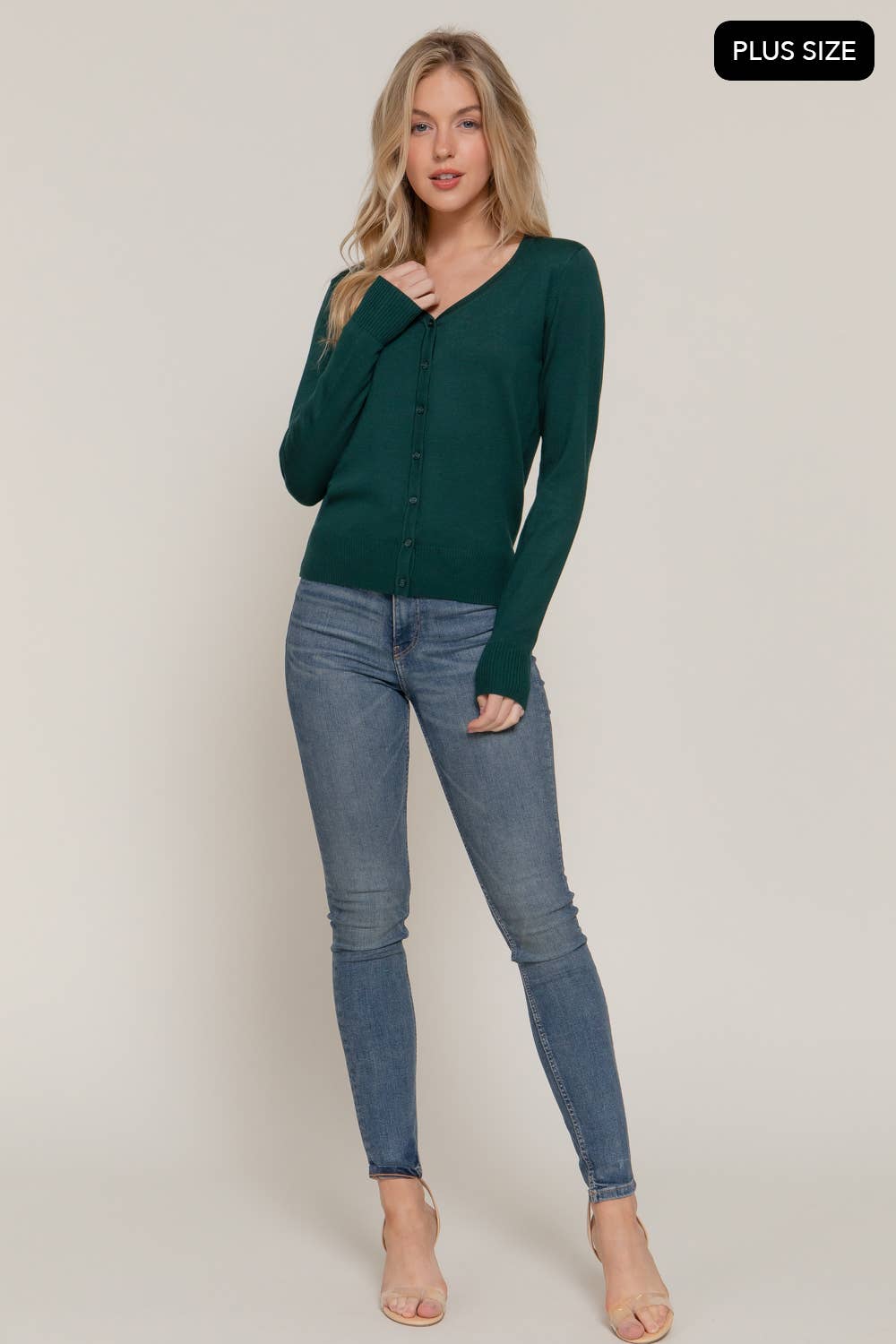 [PLUS SIZE] Long Sleeve V-neck Button Down Sweater Cardigan