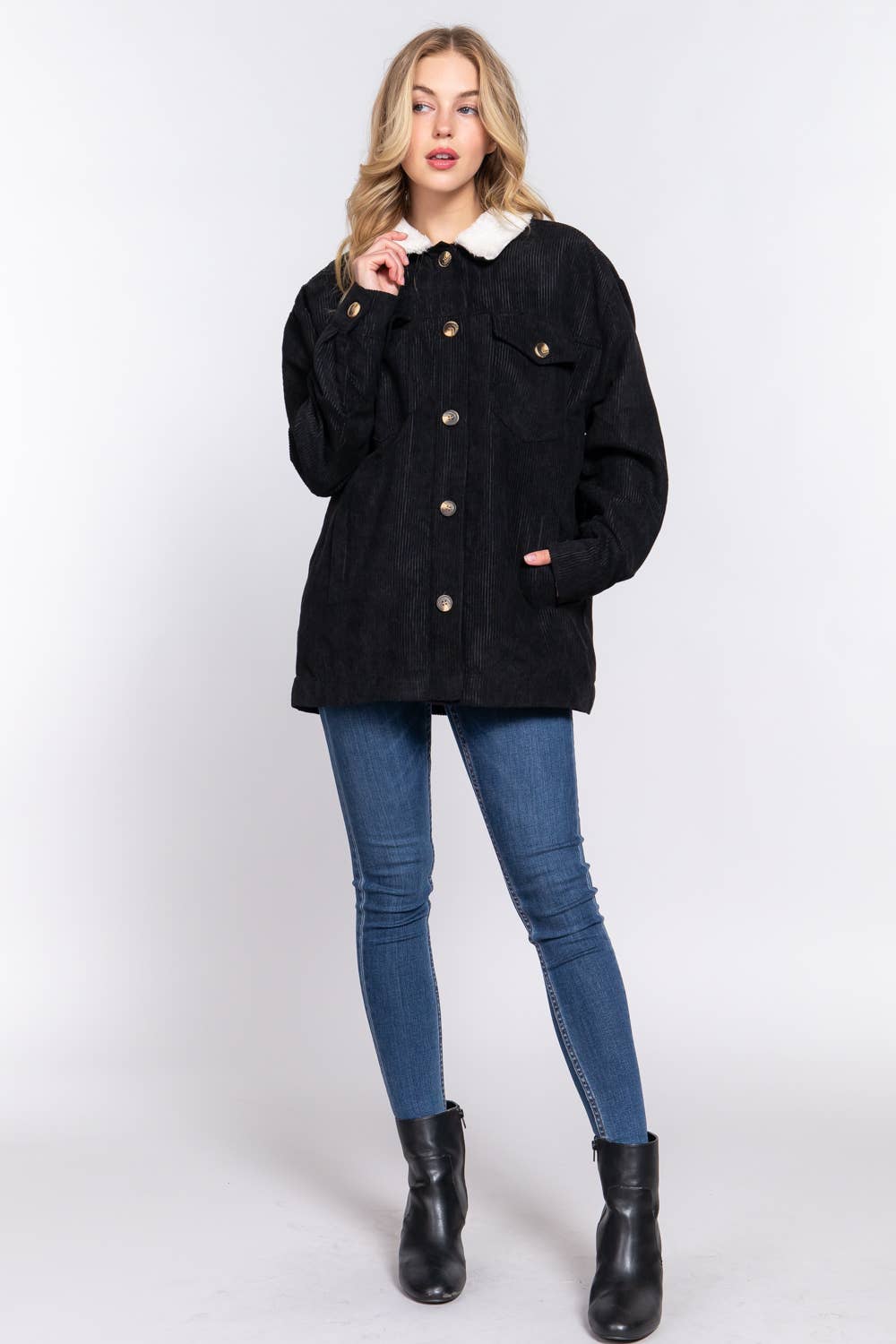 Long Sleeve Inside Faux Fur with Pocket Corduroy Jacket