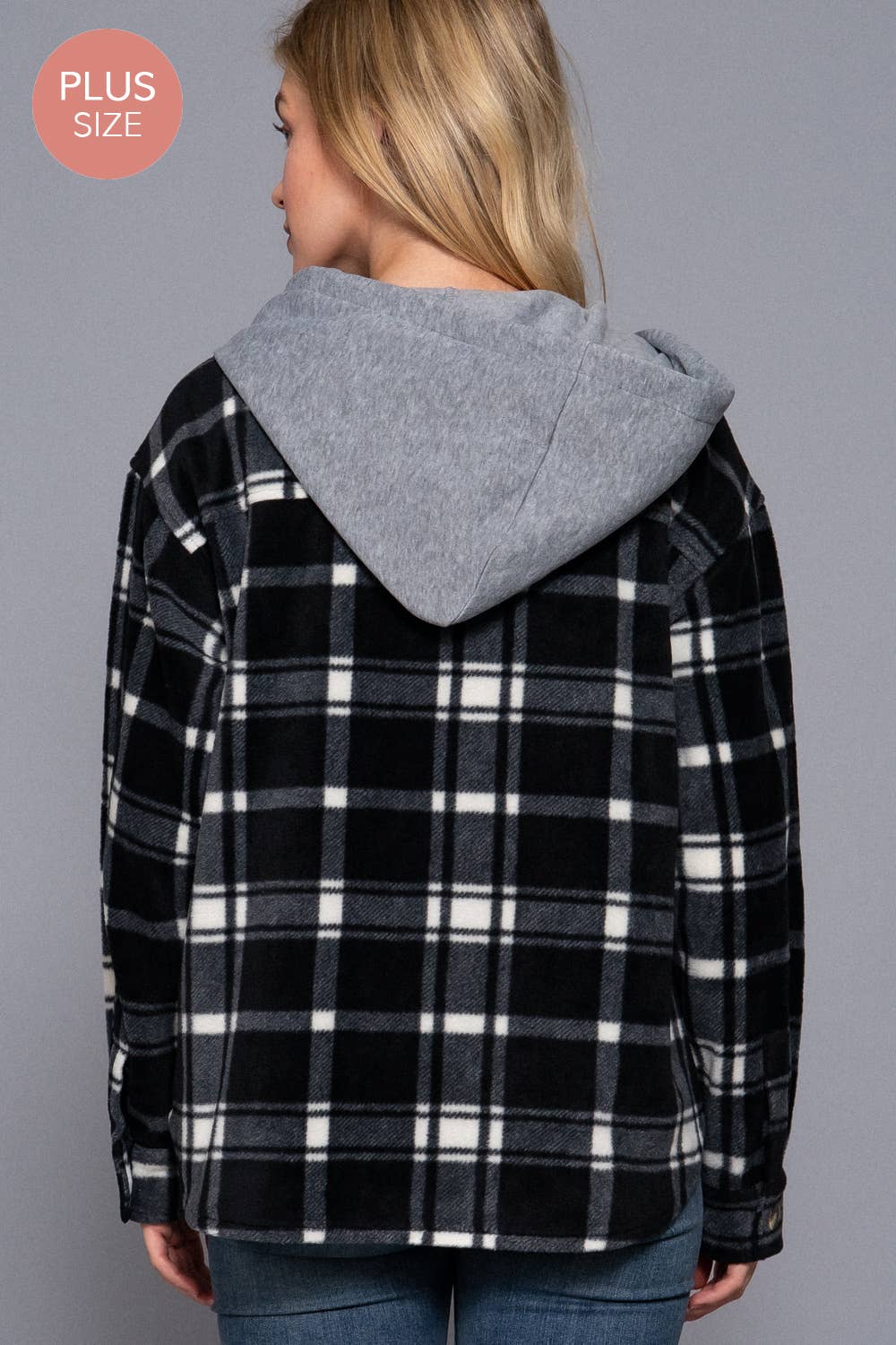 [PLUS SIZE] Long Slv Plaid Button Down Hoodie Fleece Jacket