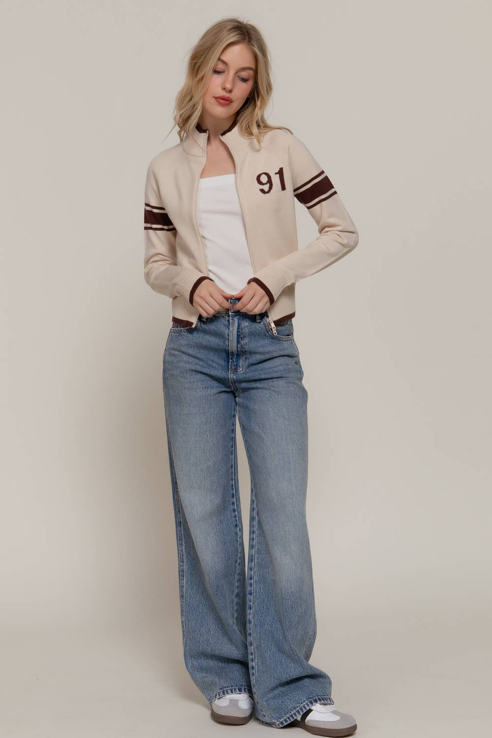 Long Sleeve High Neck with Line Detail Zip-Up Sweater Jacket