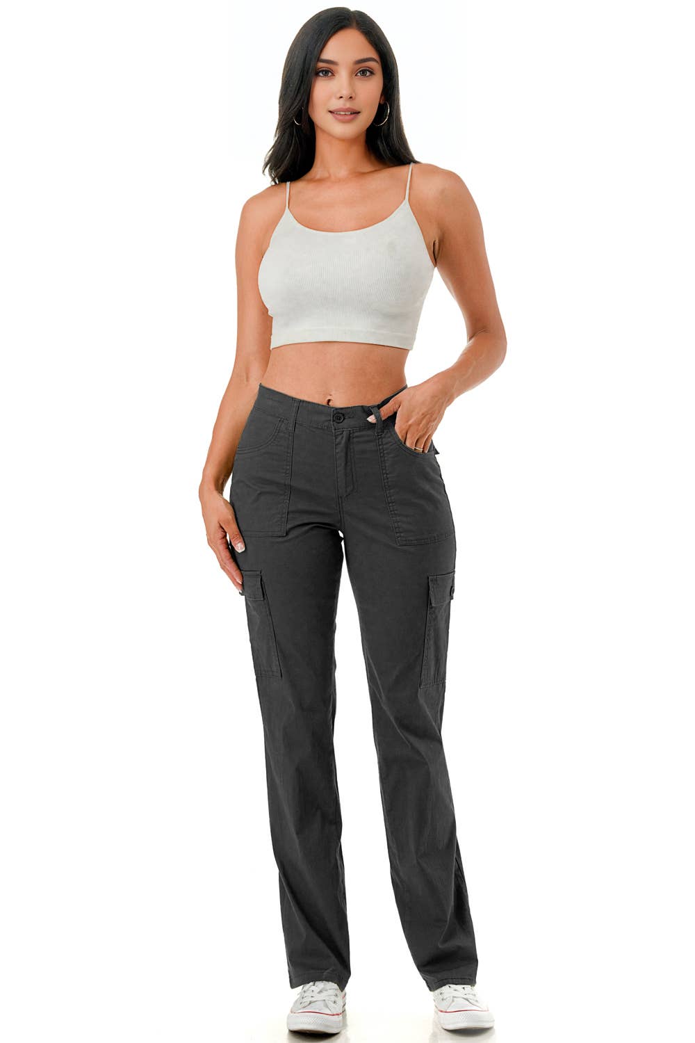 Solid color straight leg adjustable waist band cargo pants