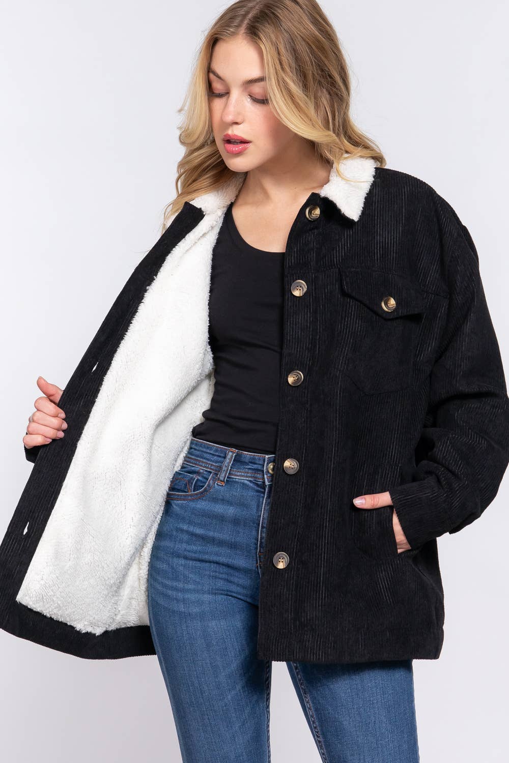 Long Sleeve Inside Faux Fur with Pocket Corduroy Jacket