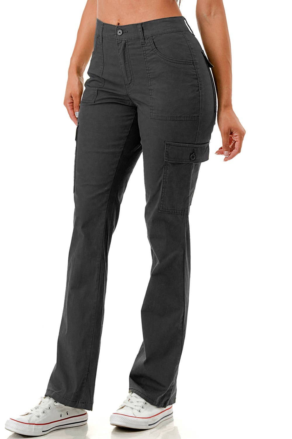 Solid color straight leg adjustable waist band cargo pants