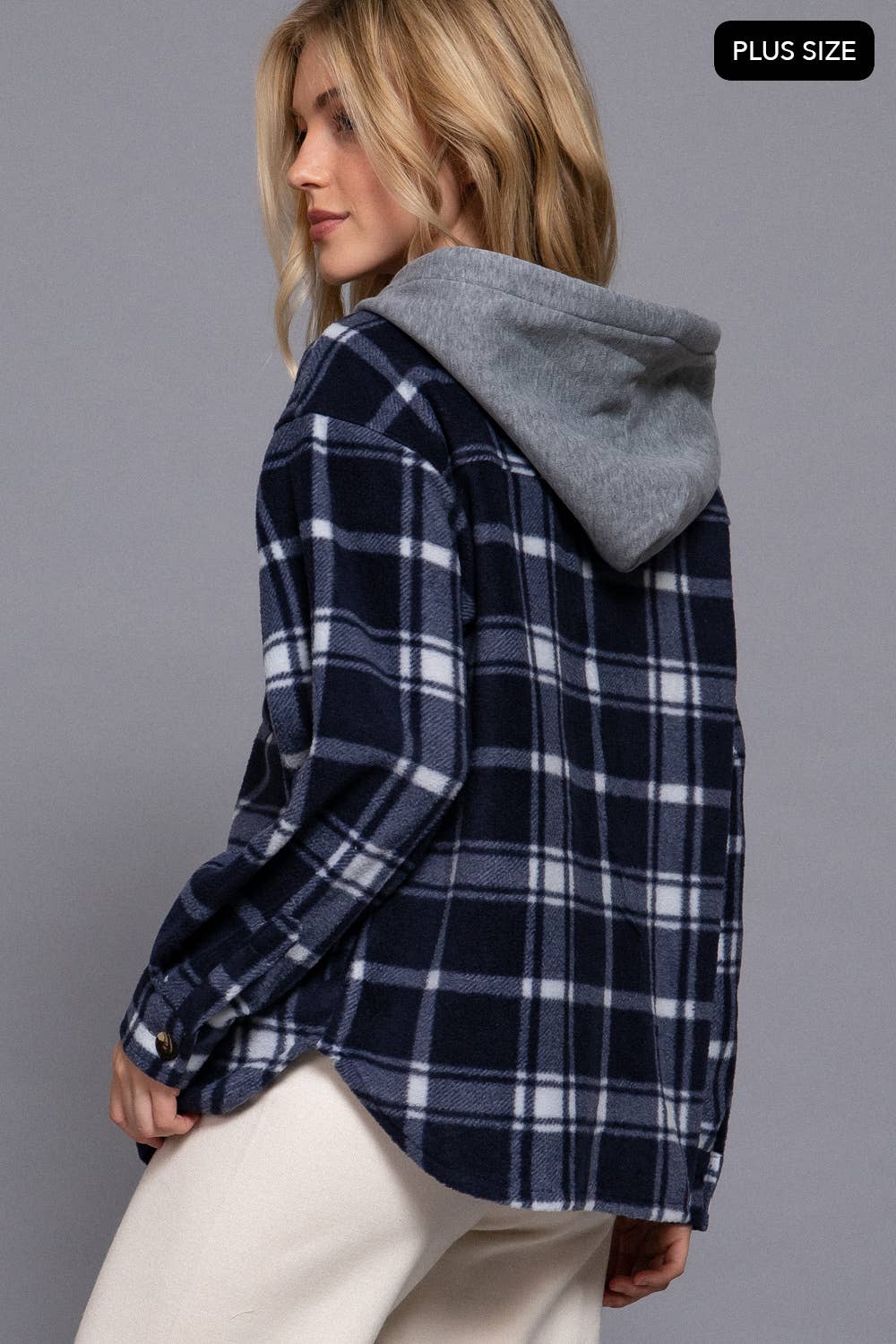 [PLUS SIZE] Long Slv Plaid Button Down Hoodie Fleece Jacket